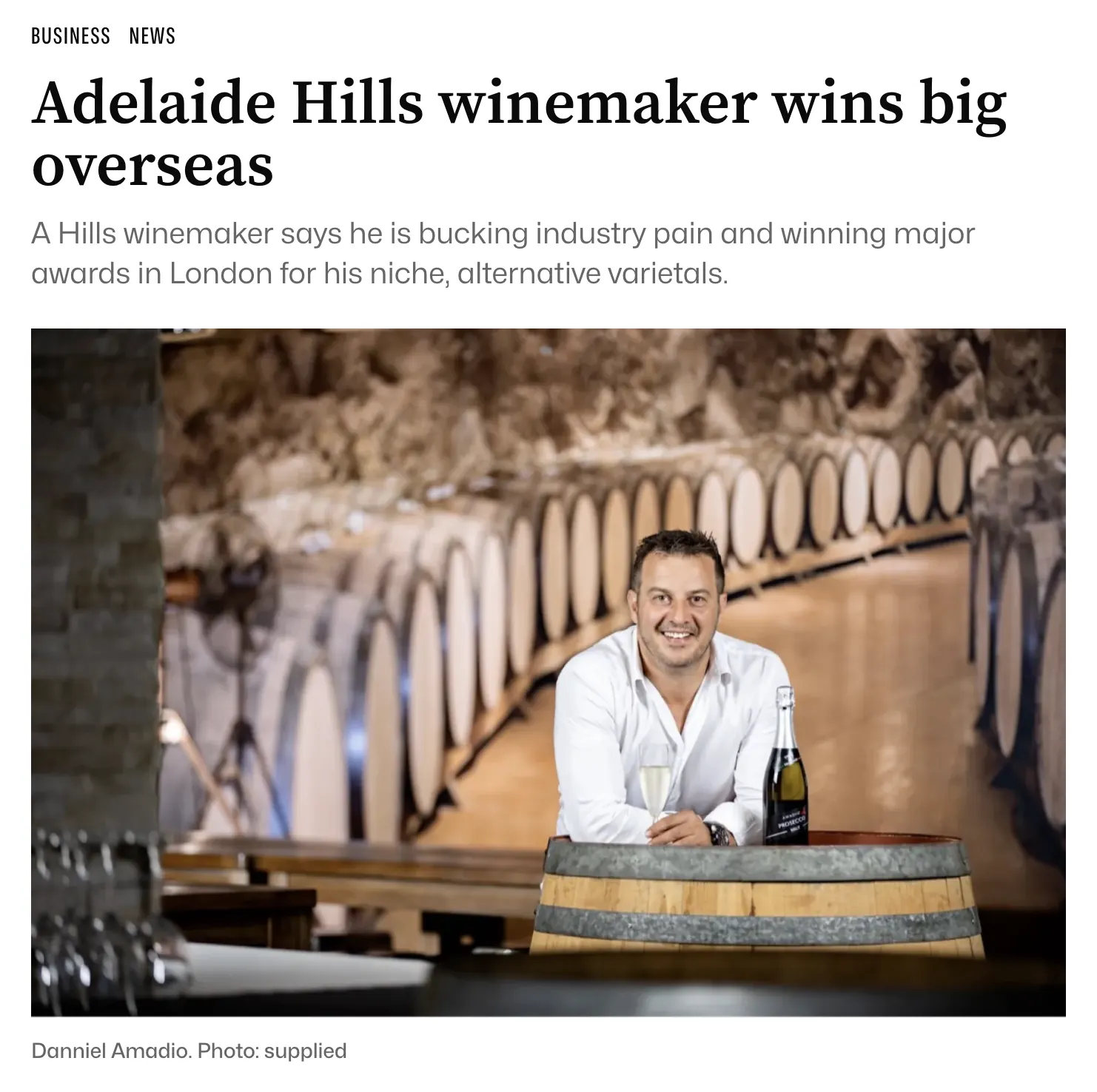 InDaily article: Adelaide Hills winemaker wins big overseas
